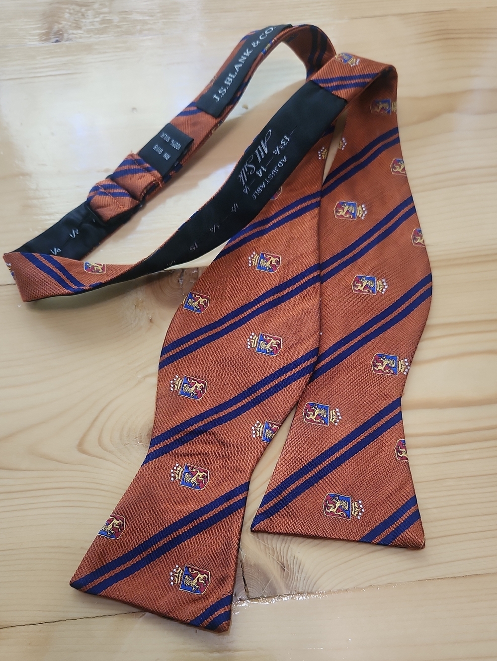 Vintage J S Blank Co Silk Bow Tie Repp Stripe Crest Orange Navy Preppy Ivy